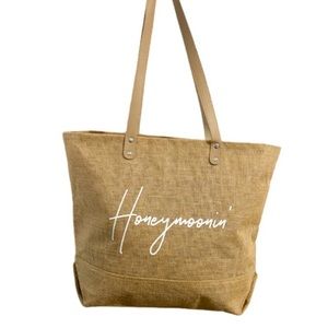 Honeymoonin’ burlap beach tote bag zip closure